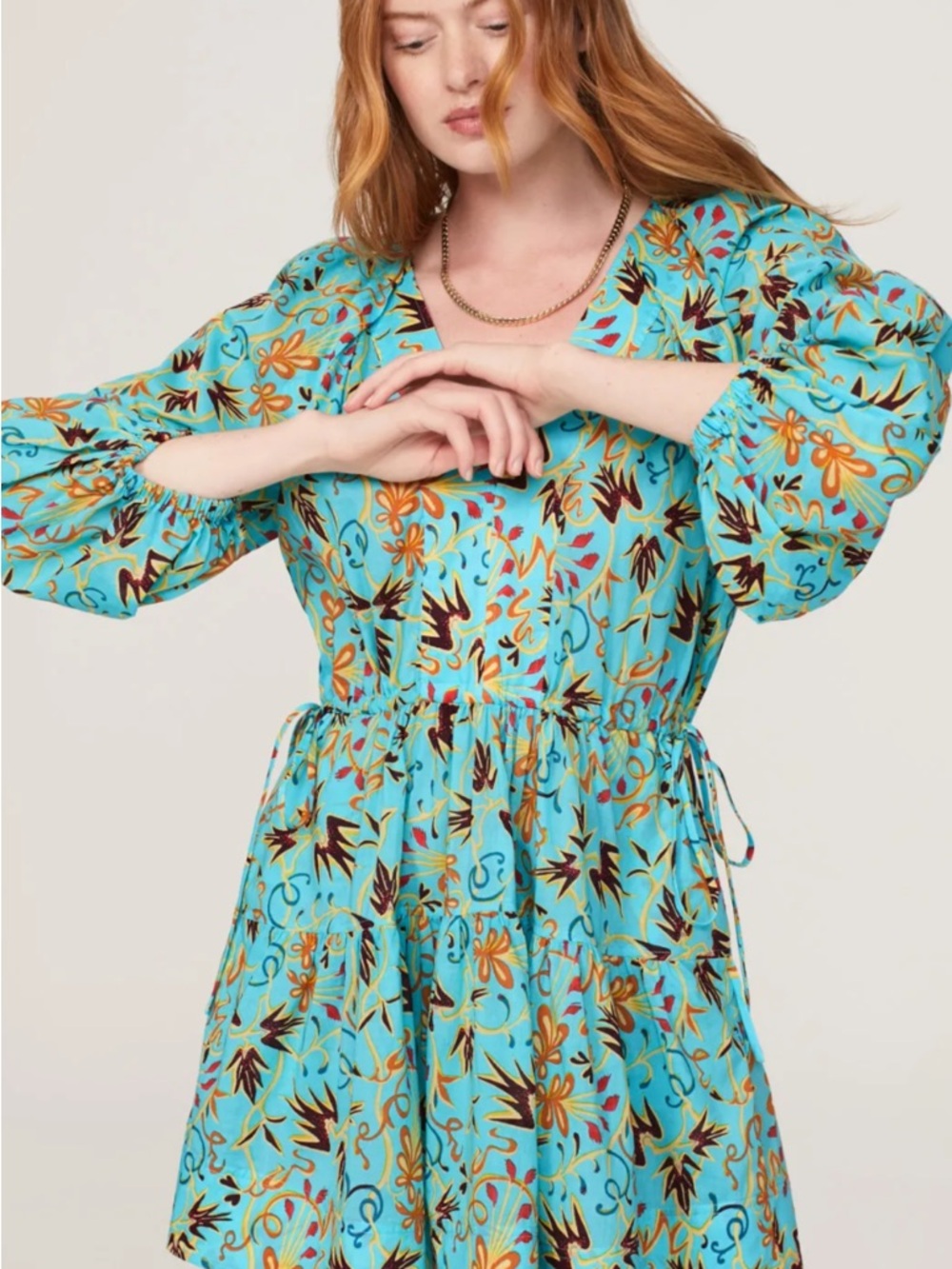 A.L.C. Turquoise Sally Floral Print Puff Sleeve Dress